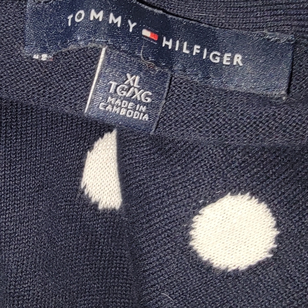 TOMMY HILFIGER Cotton Navy With White Polka Dots V-neck Sweater Size XL - Picture 3 of 9